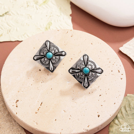 Stony Stencil - Blue Turquoise Silver Santa Fe Style Clip-On Earring Paparazzi