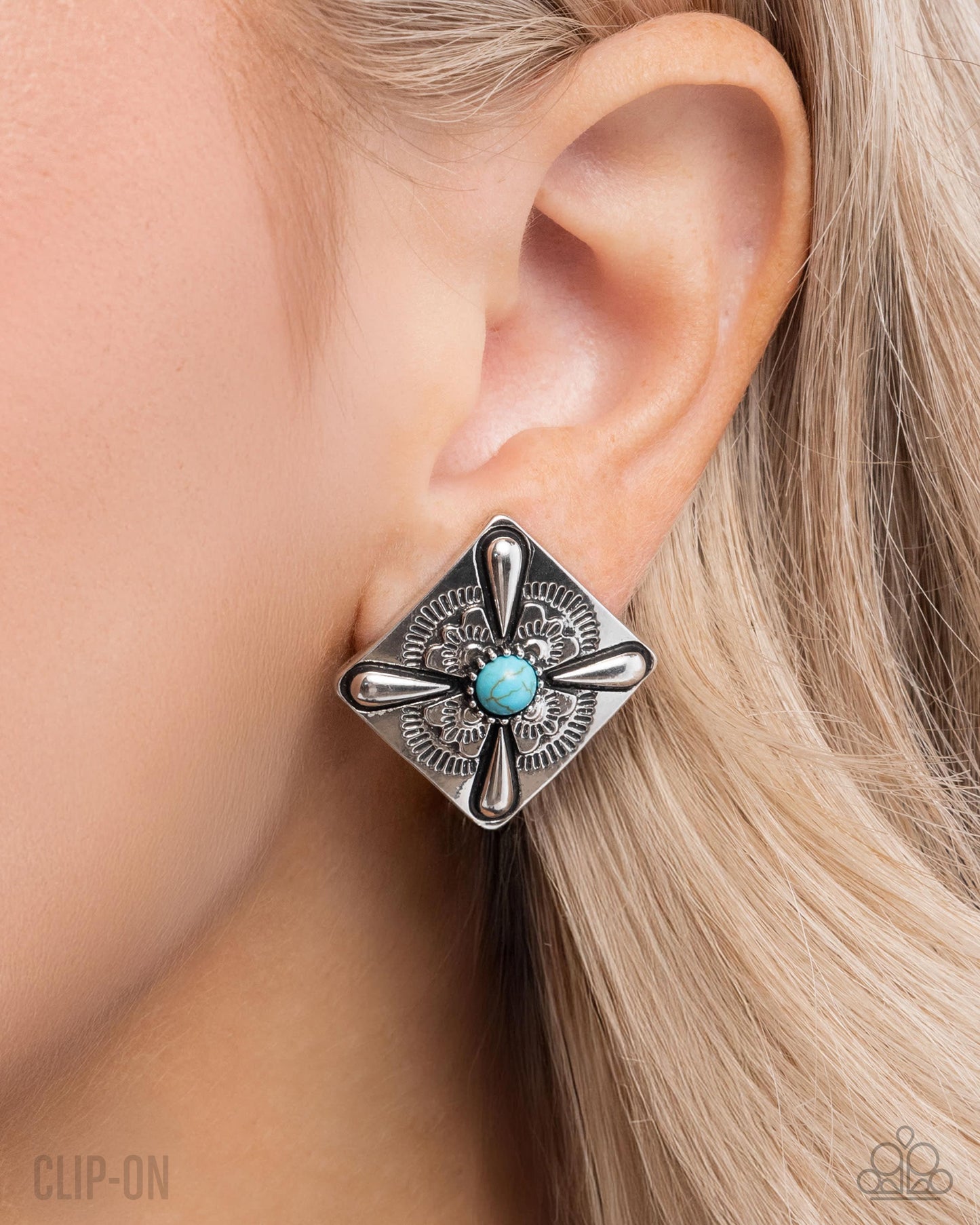 Stony Stencil - Blue Turquoise Silver Santa Fe Style Clip-On Earring Paparazzi E3071