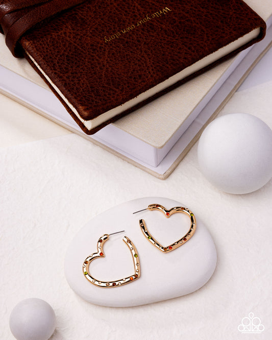 Mosaic Matchmaker - Multicolored Rhinestone Gold Heart 1 1/2 Inch Hoop Earring Paparazzi
