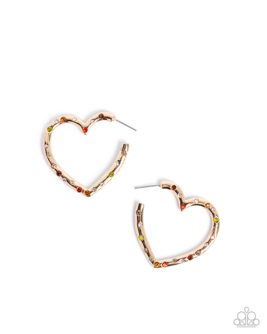 Mosaic Matchmaker - Multicolored Rhinestone Gold Heart 1 1/2 Inch Hoop Earring Paparazzi