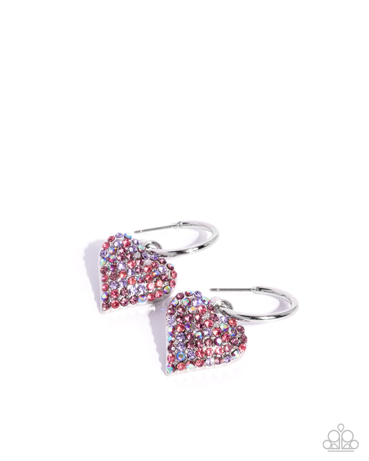 Heartfelt Hypnosis - Purple - Light Amethyst Iridescent, Violet, Rose Rhinestone Encrusted Heart Padlock 1/2 Inch Silver Hoop Earring Paparazzi