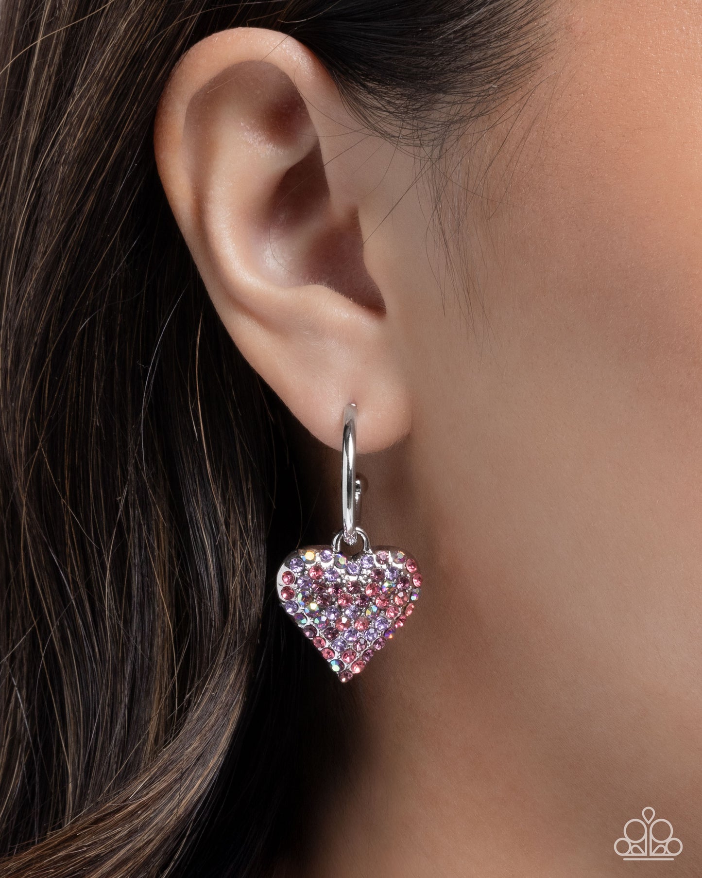 Heartfelt Hypnosis - Purple - Light Amethyst Iridescent, Violet, Rose Rhinestone Encrusted Heart Padlock 1/2 Inch Silver Hoop Earring Paparazzi E3023