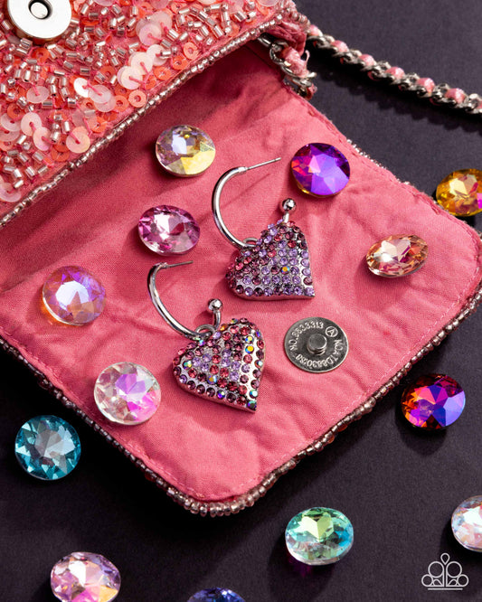 Heartfelt Hypnosis - Purple - Light Amethyst Iridescent, Violet, Rose Rhinestone Encrusted Heart Padlock 1/2 Inch Silver Hoop Earring Paparazzi