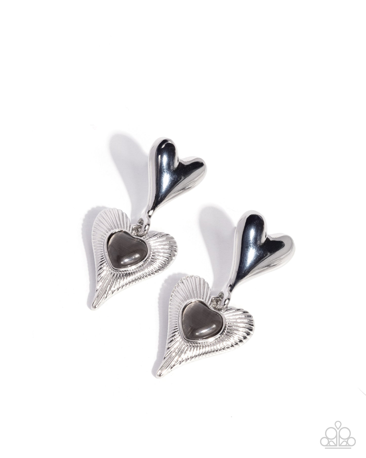 Heart Habitat - Black Cat's Eye Stone Silver Heart Post Earring Paparazzi  E3042