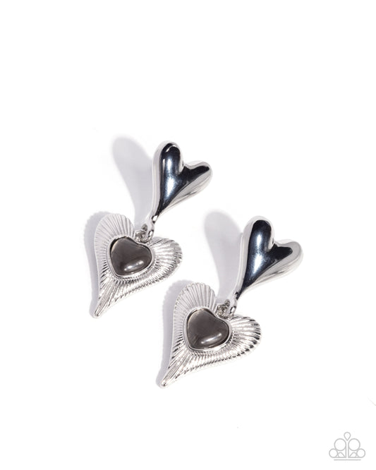 Heart Habitat - Black Cat's Eye Stone Silver Heart Post Earring Paparazzi  E3042