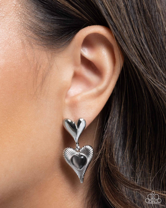 Heart Habitat - Black Cat's Eye Stone Silver Heart Post Earring Paparazzi  E3042