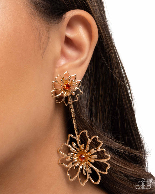 Wiry Whimsy - Orange Rhinestone Gold Flower Post Earring Paparazzi E3022