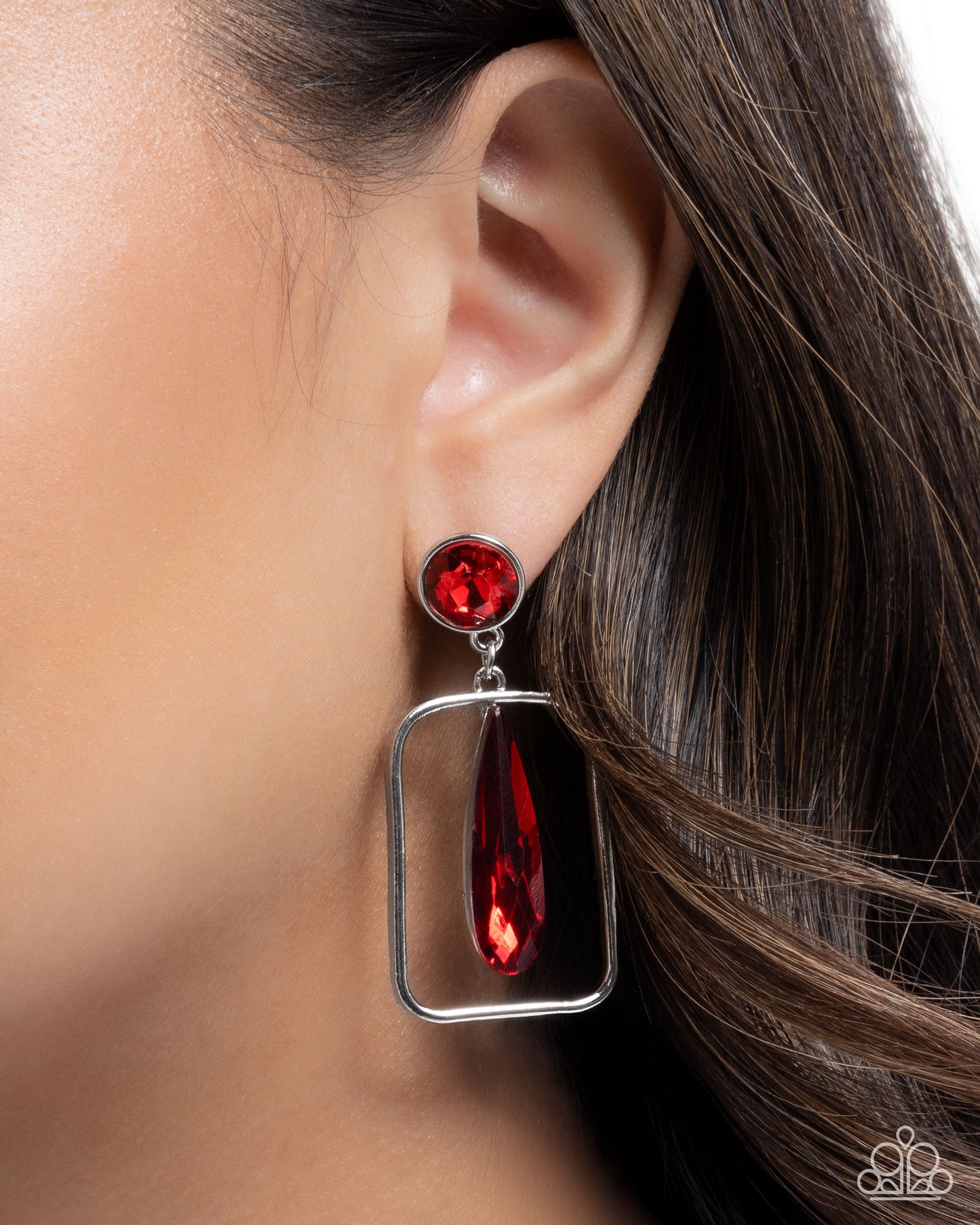 Paparazzi Future Framing - Red Gem Silver Framed Post Earring E3262