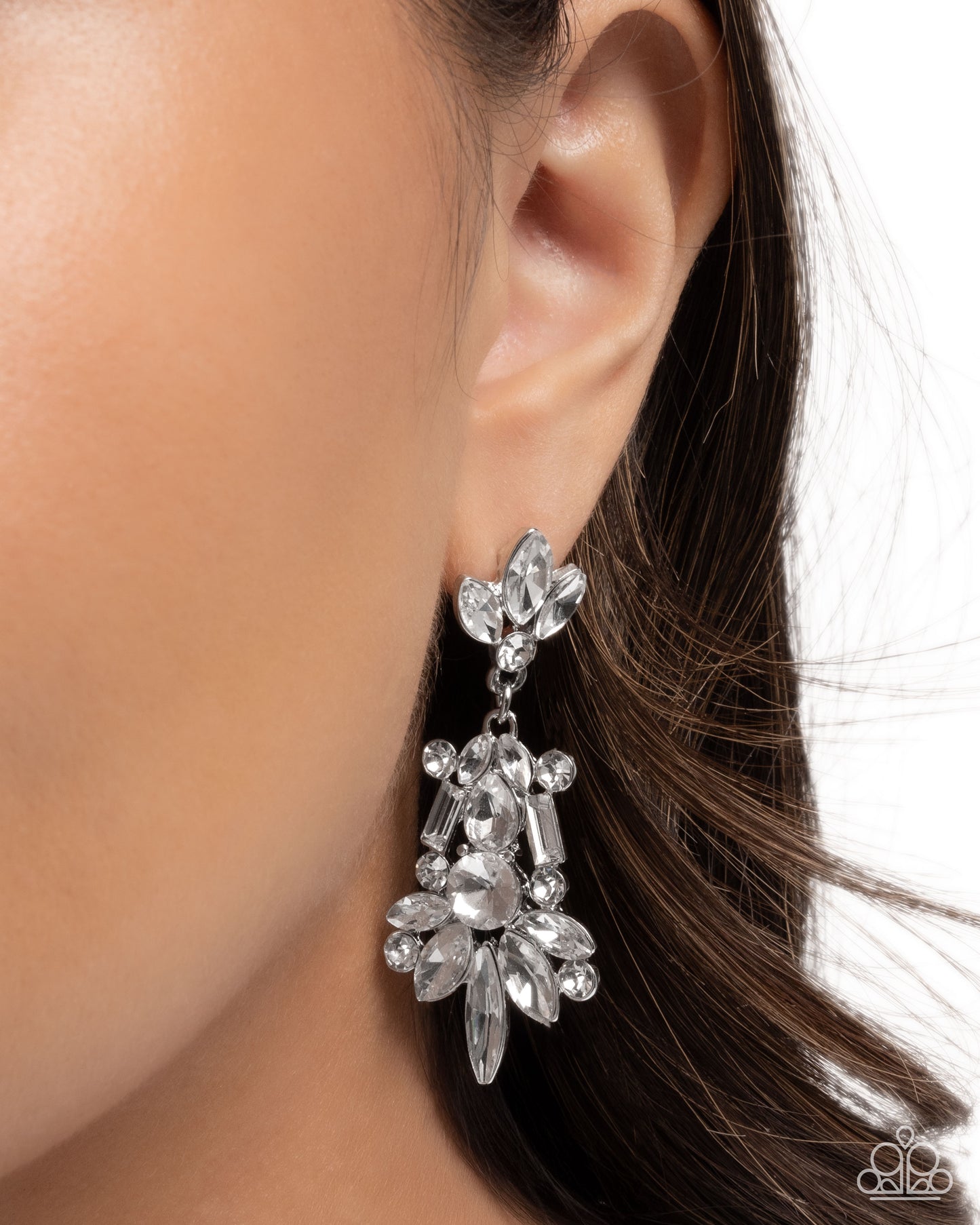 Paparazzi Complicated Class - White Rhinestone & Gem Statement Post Earring E3270