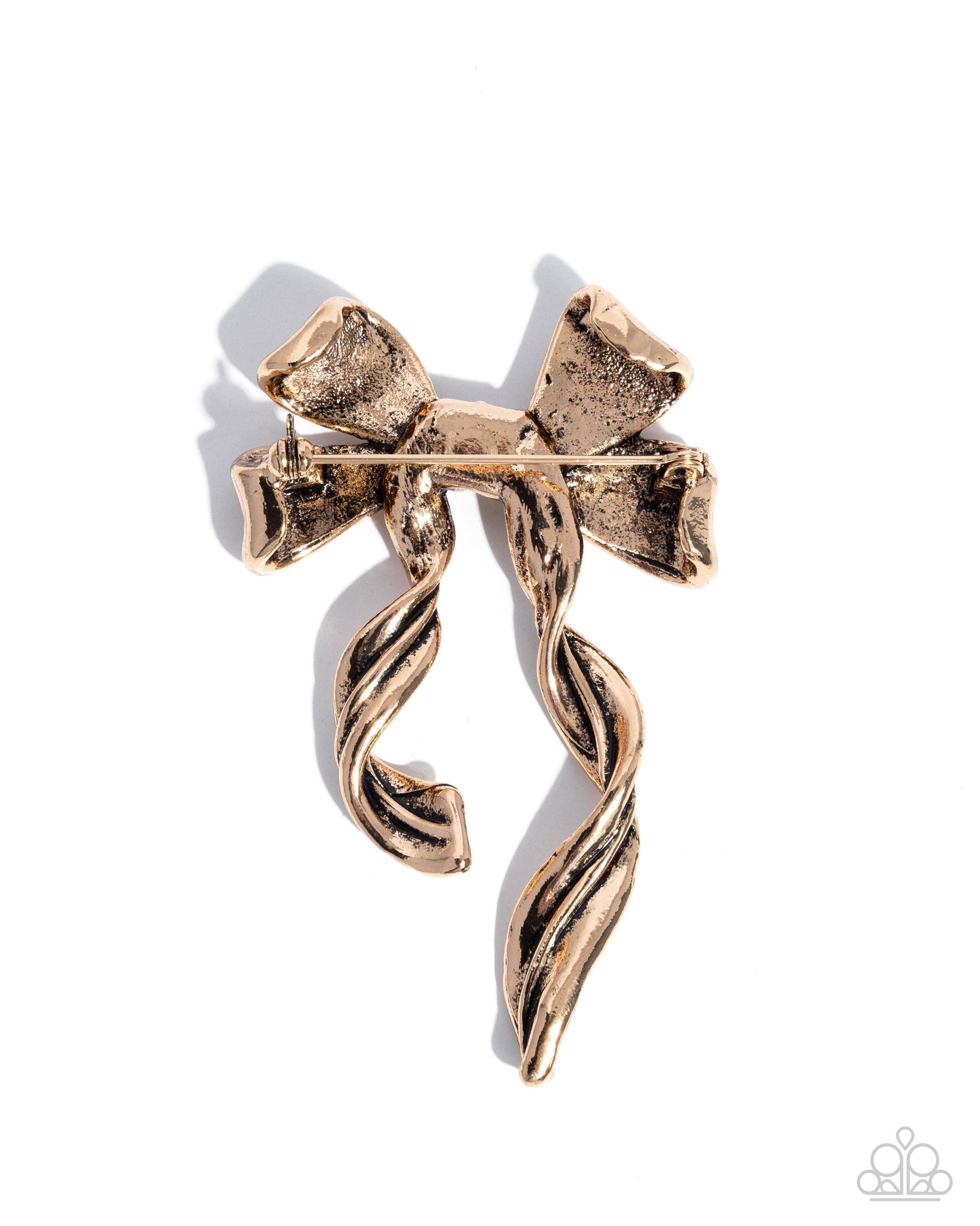 Bow Bonanza - Gold Curled Bow Brooch Lapel Pin Paparazzi BR001