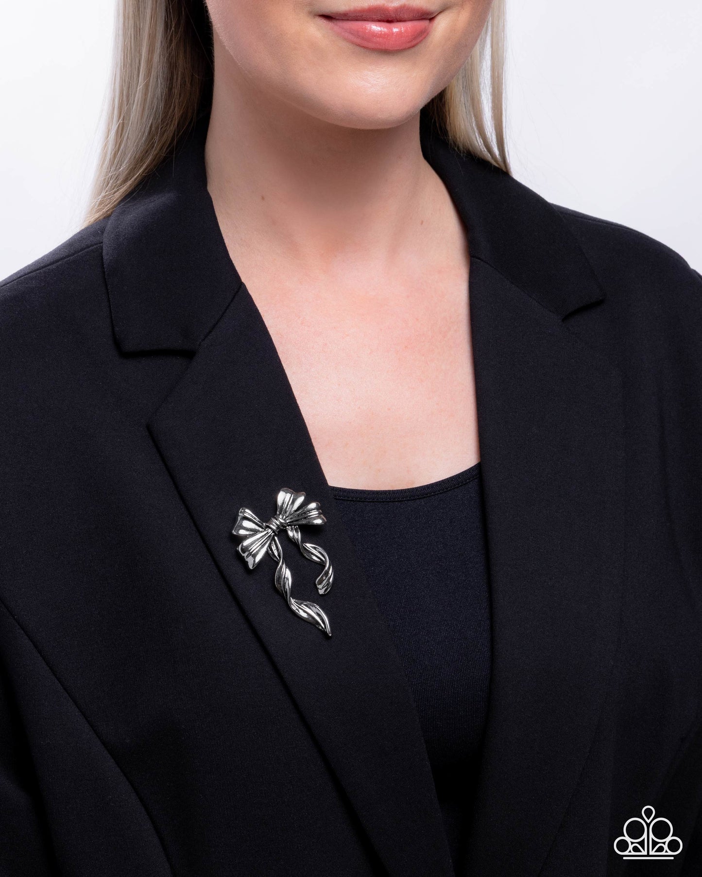 Bow Bonanza - Silver Curled Bow Brooch Lapel Pin Paparazzi BR006