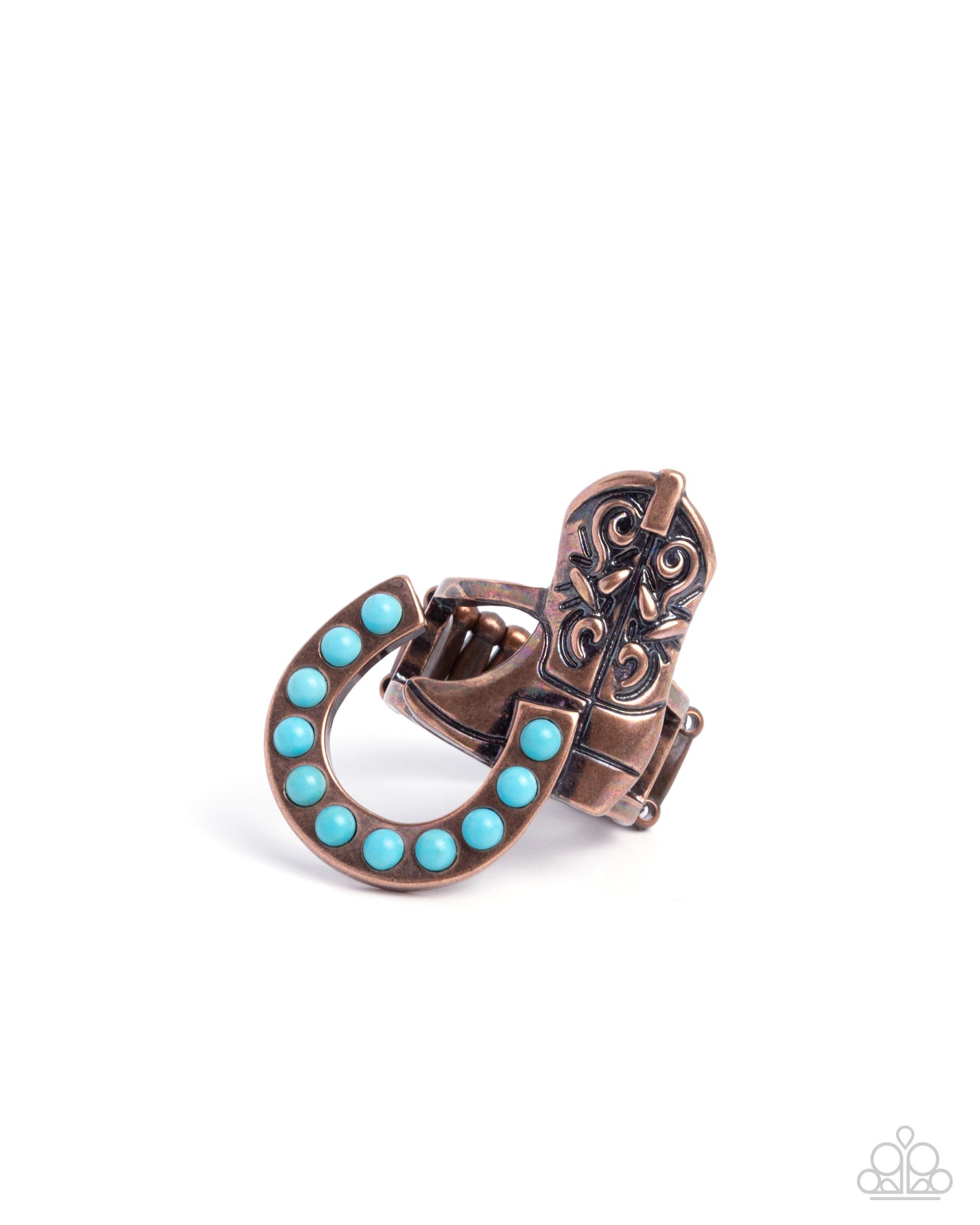 Western Wraparound - Copper Turquoise Horseshoe & Cowboy Boot Motif Western Santa Fe Style Ring Paparazzi R1074
