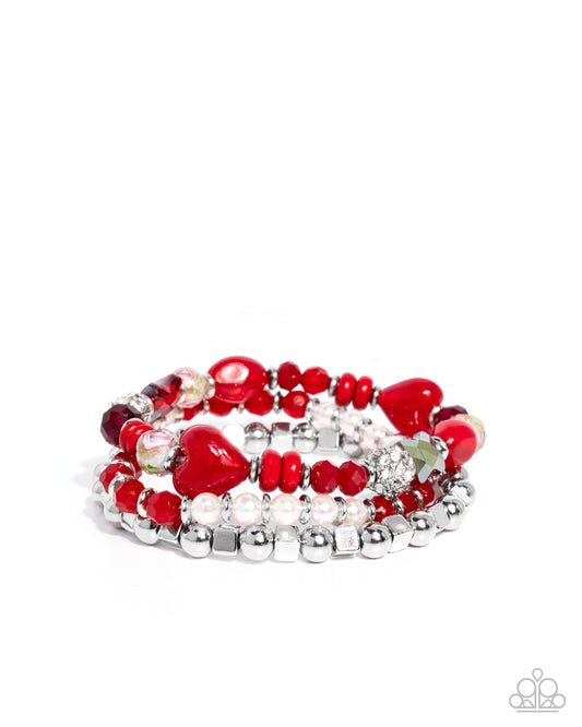 Doting Delight - Red Glass Heart, Iridescent, Silver Bead Stretch Patriotic Bracelet Set Of 3 Paparazzi B2229