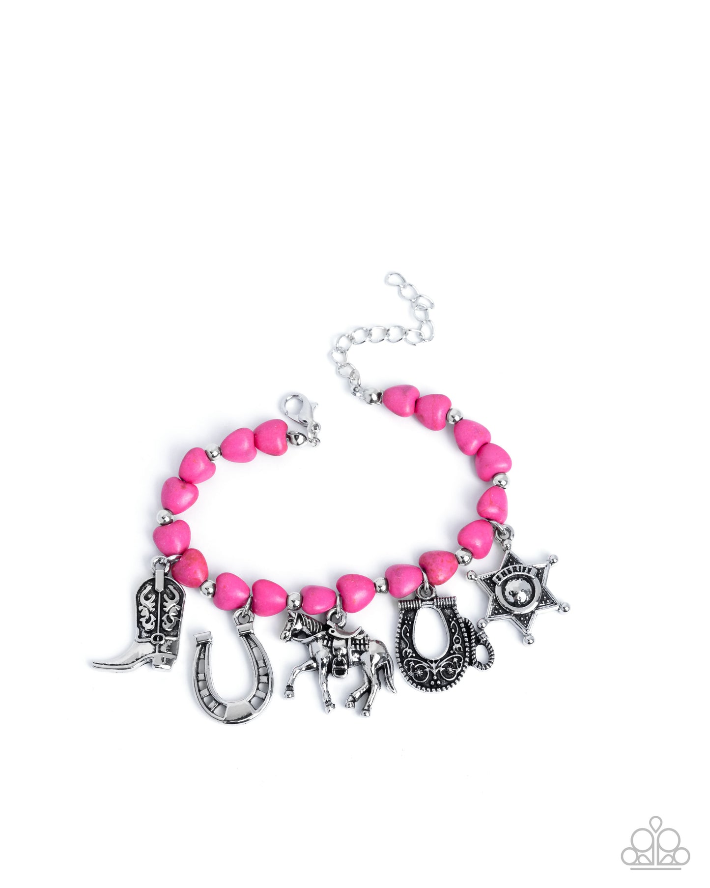 Cowboy Chorus - Pink Stone Hearts Western Santa Fe Charm Bracelet Cowboy Boot, Horseshoe, Horse, Badge Paparazzi B2232