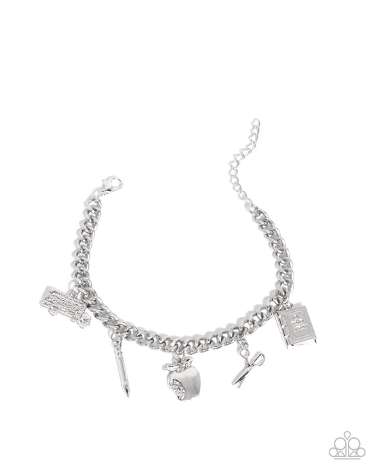 School is in Session - Silver Back To School - School Bus, Pencil, Scissors, Book & Apple Charm Bracelet Paparazzi
