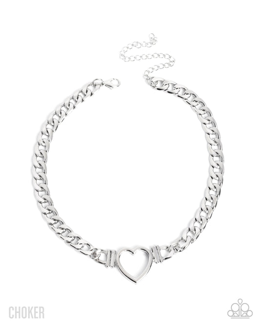 Paparazzi Heartfelt Hunch - Silver Curb Chain Heart Choker Necklace