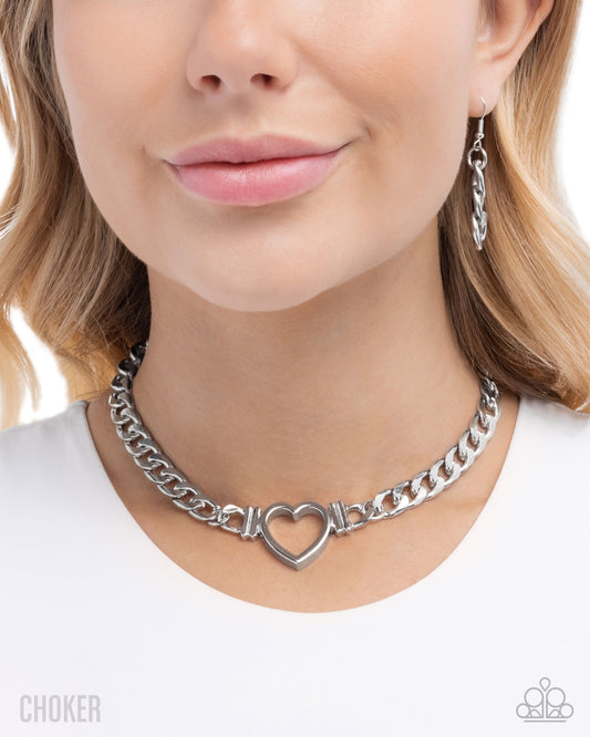 Paparazzi Heartfelt Hunch - Silver Curb Chain Heart Choker Necklace