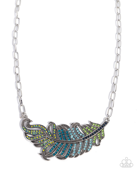 Fancy Feather - Blue, Green Emerald Iridescent, Aquamarine, Blue Zircon Rhinestone Feather Necklace Paparazzi N3501