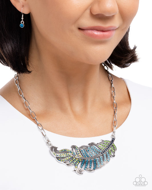 Fancy Feather - Blue, Green Emerald Iridescent, Aquamarine, Blue Zircon Rhinestone Feather Necklace Paparazzi N3501