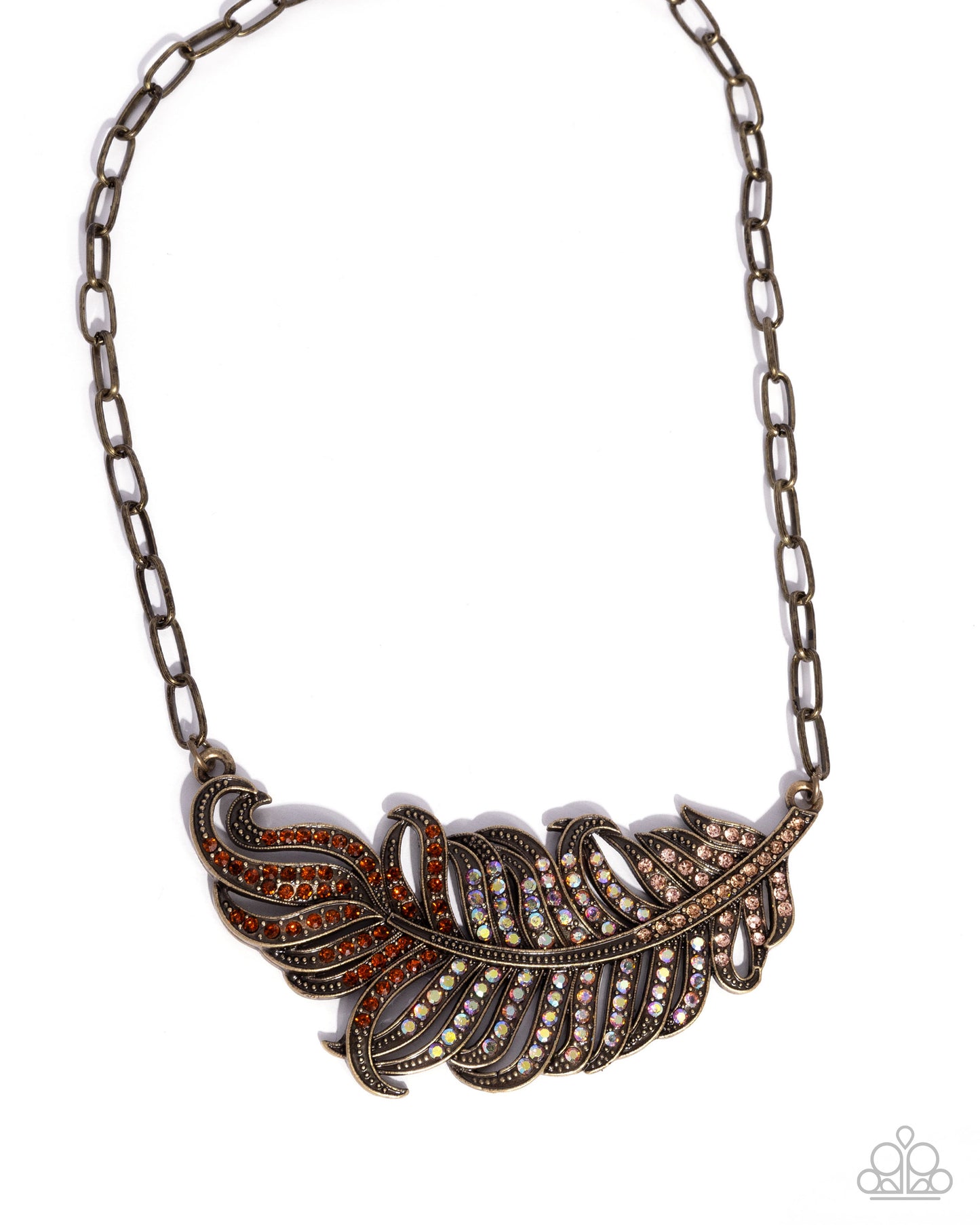 Paparazzi Fancy Feather - Brass Leaf, Light Peach, Topaz Iridescent Rhinestone Necklace