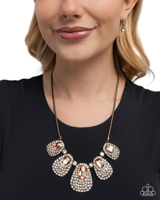 Paparazzi Oval Ovation - Brass, White & Peach Gem Necklace