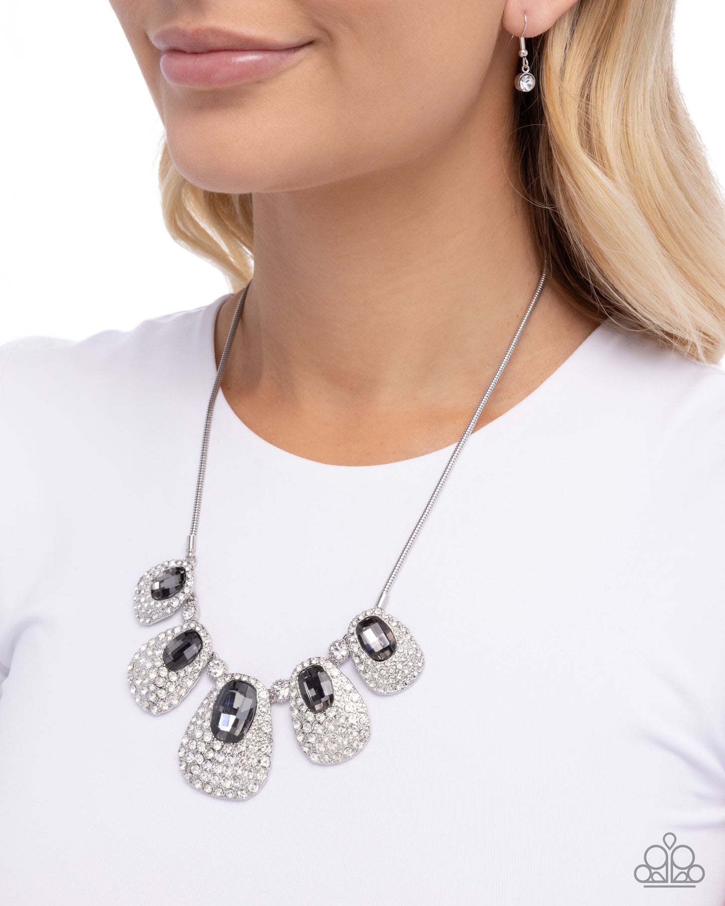 Paparazzi Oval Ovation - Silver Smokey & White Gem Statement Necklace N3772