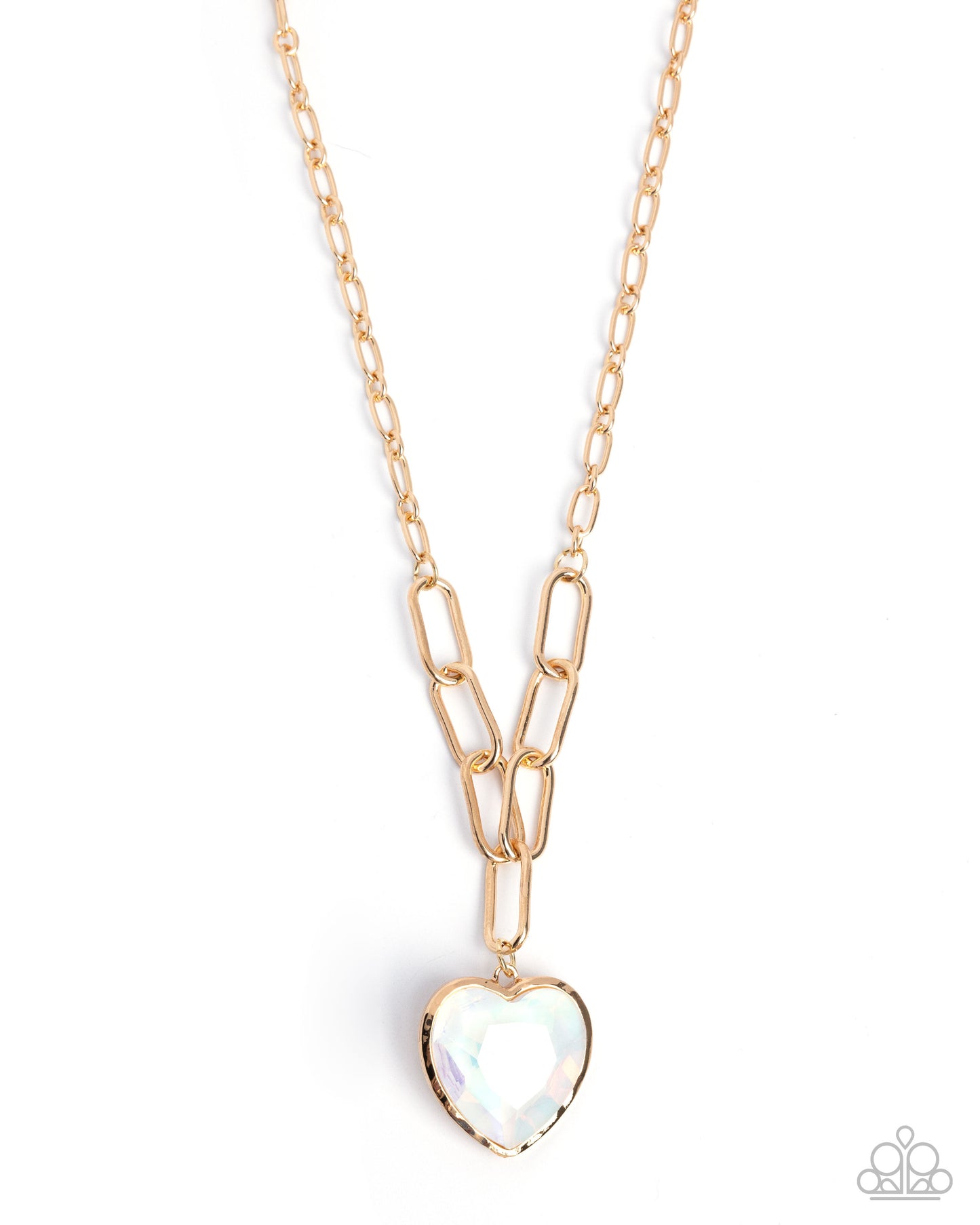 HAUTE Heart - White Iridescent Opalescent Gem Heart & Gold Paperclip Chain Necklace Paparazzi N3572