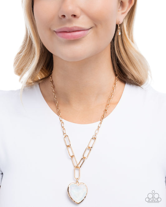 HAUTE Heart - White Iridescent Opalescent Gem Heart & Gold Paperclip Chain Necklace Paparazzi N3572