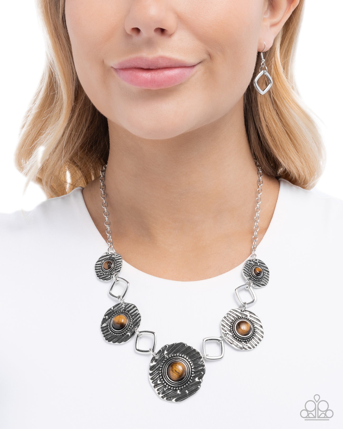 Skewed Squares - Brown Tiger's Eye Stone Silver Necklace Paparazzi N3562