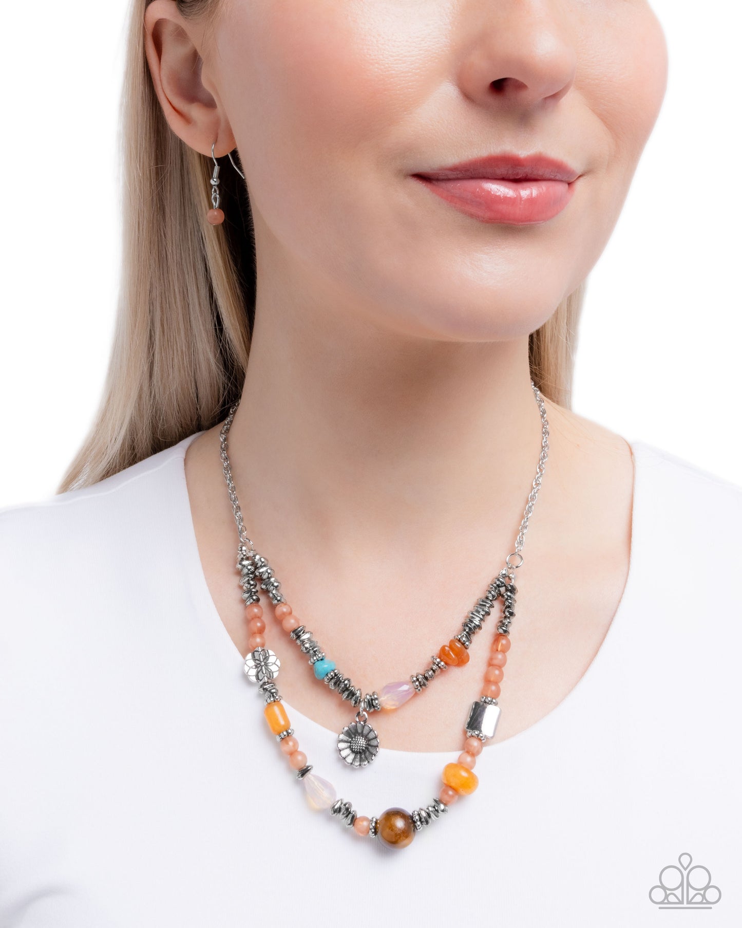 Blooming Barricade - Orange, Tiger's Eye & Turquoise Stone Necklace Paparazzi N3639