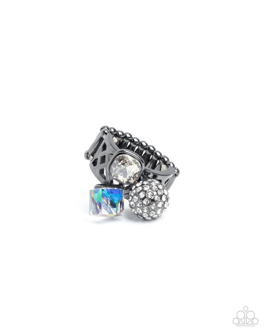 Edgy Expectation - Black Gunmetal, Smoky, White Rhinestone & Oil Spill Gem Ring Paparazzi