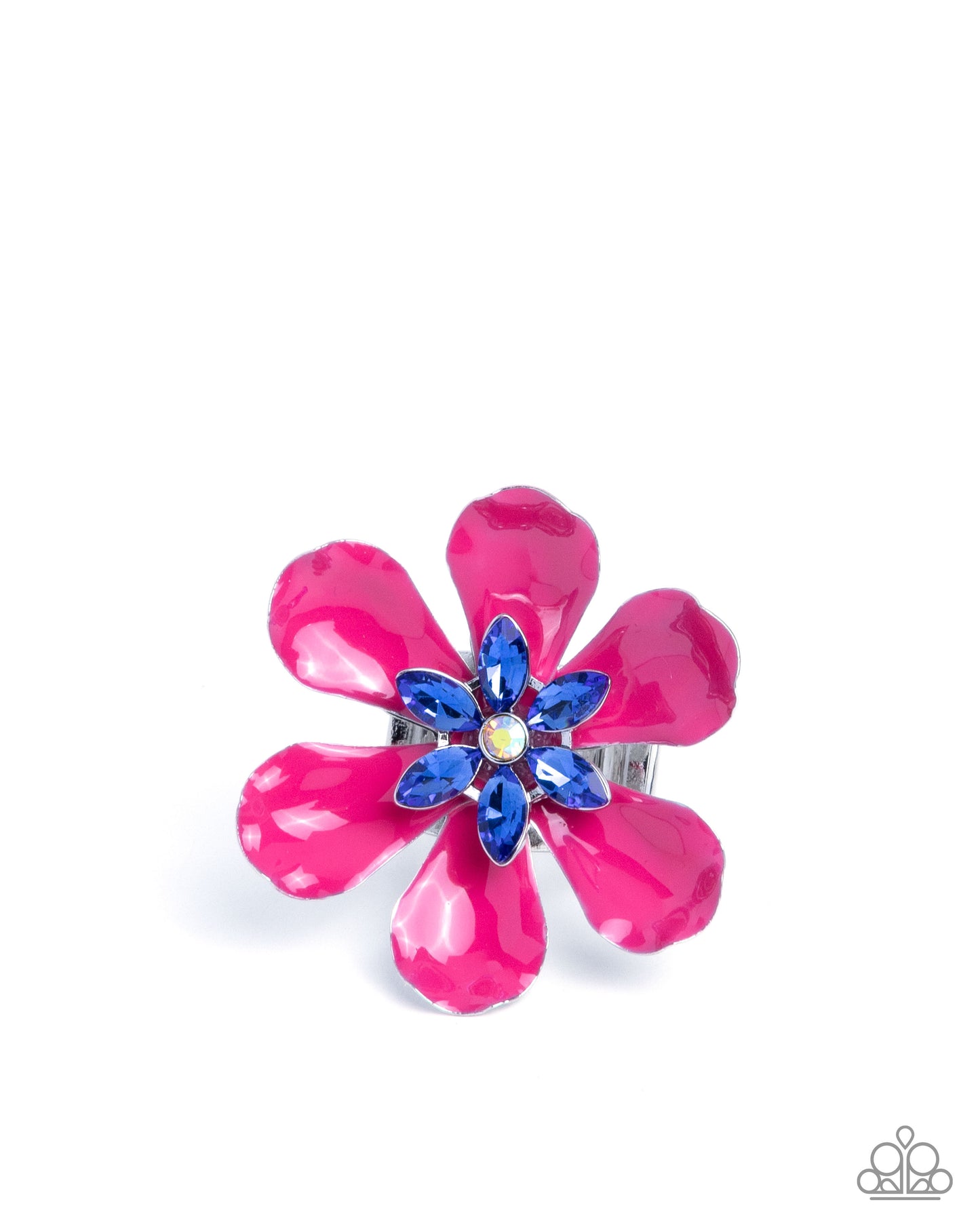 Blooming Boundary - Pink Peacock Painted Flower & Yellow, Blue Rhinestone Ring Paparazzi