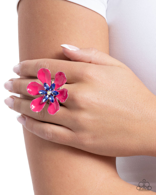 Blooming Boundary - Pink Peacock Painted Flower & Yellow, Blue Rhinestone Ring Paparazzi