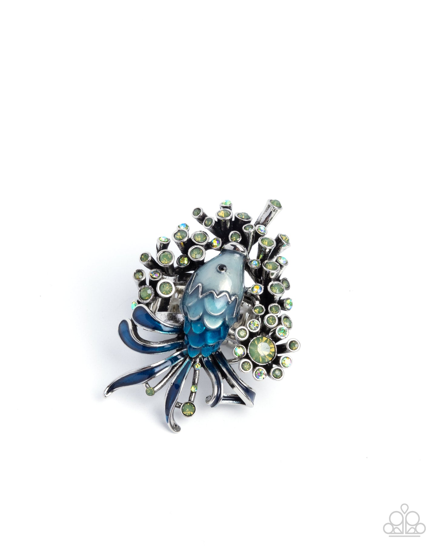 Paparazzi Swimming Through Sparkle - Blue Limpet Painted Shell, White Grape Opalescent & Green Iridescent Rhinestone Oversized Cocktail Fish Ring R1371