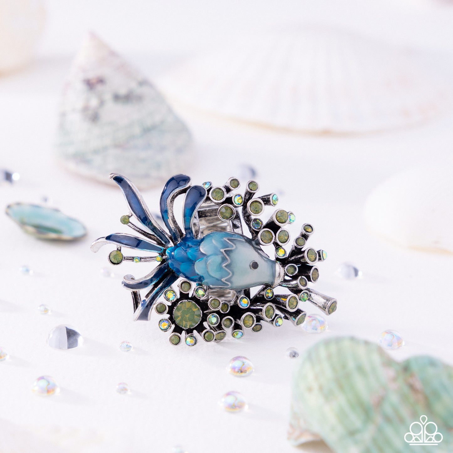 Paparazzi Swimming Through Sparkle - Blue Limpet Painted Shell, White Grape Opalescent & Green Iridescent Rhinestone Oversized Cocktail Fish Ring R1371