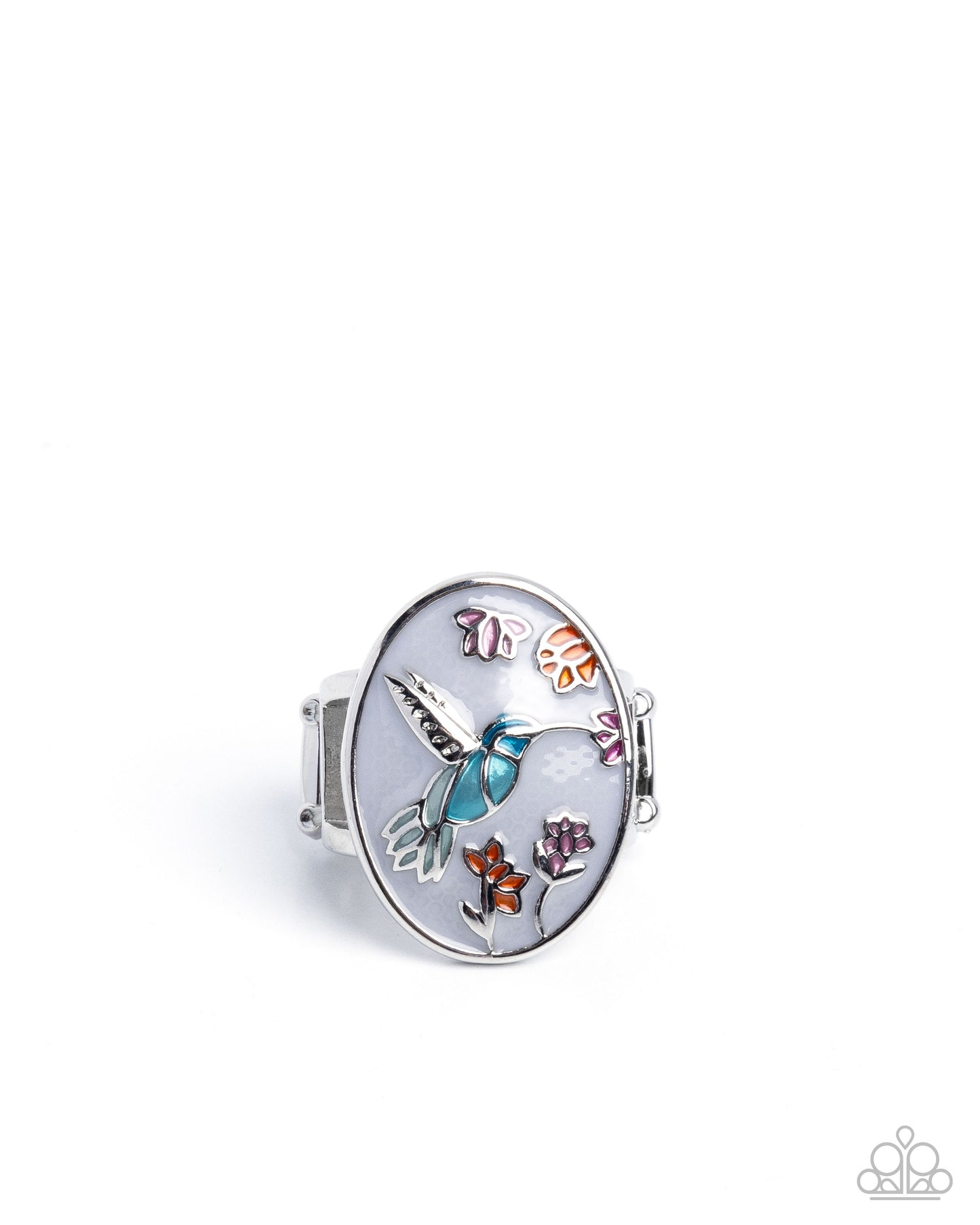 Hummingbird Hope - White Backdrop, Light Blue Hummingbird Floral Ring Paparazzi R1092