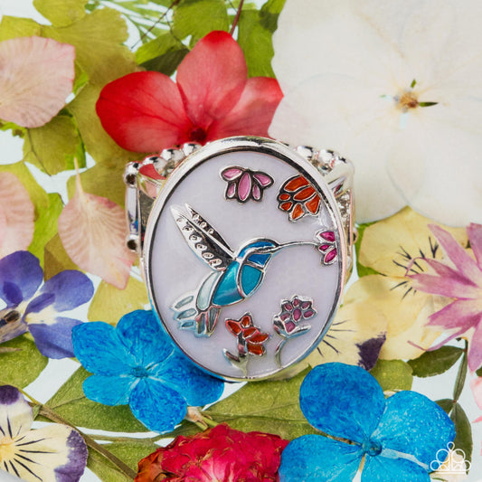 Hummingbird Hope - White Backdrop, Light Blue Hummingbird Floral Ring Paparazzi R1092
