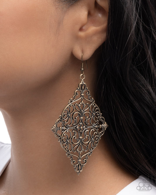 Paparazzi First-Place Filigree - Brass Filigree Earring E3202