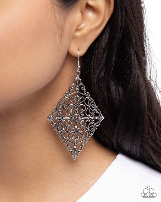 Paparazzi First-Place Filigree - Silver - Antiqued Silver Filigree Earring