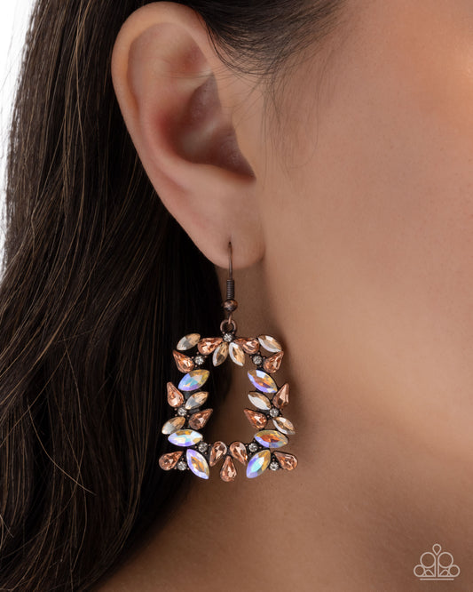 Fierce Frame - Copper White Rhinestone, Peach, Champagne & UV Shimmery Gem Earring Paparazzi E3139