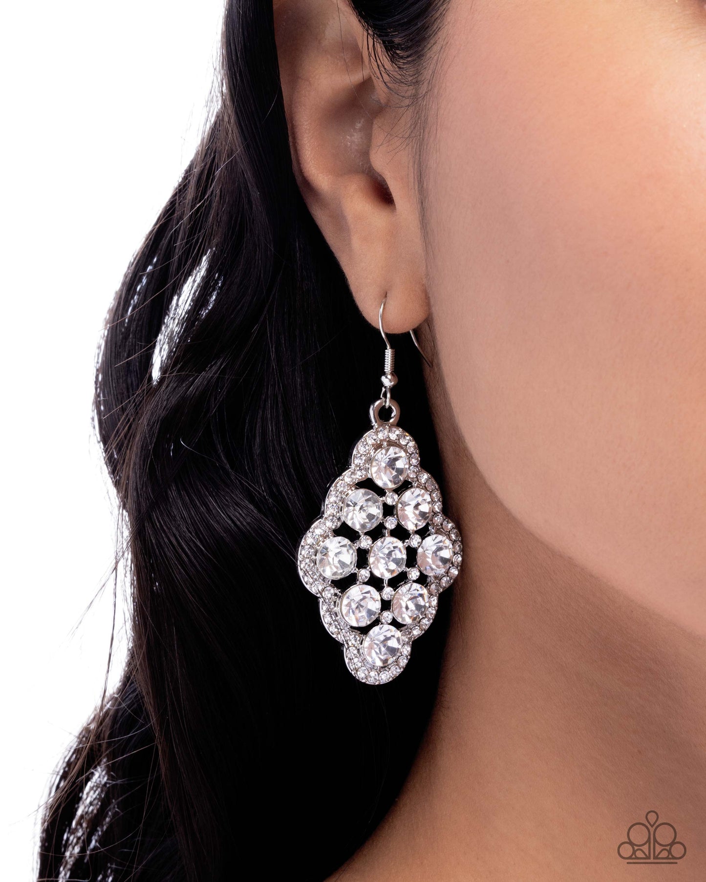 Scalloped Shimmer - White Rhinestone Silver Scalloped Style Earring Paparazzi E3125