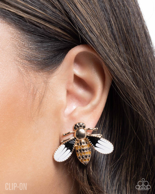 Blissful Bee - Gold Bee Black & Topaz Rhinestone Clip-on Earring Paparazzi