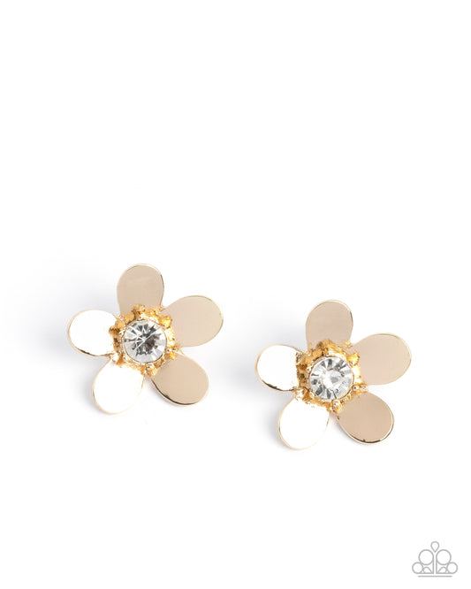 Paparazzi Blooming Boutique - Gold & White Rhinestone Flower Post Earring E1476