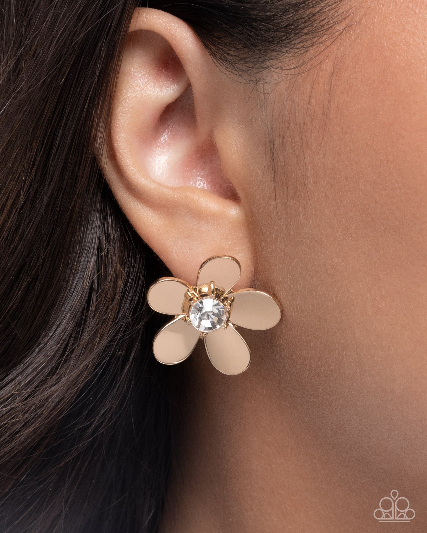 Paparazzi Blooming Boutique - Gold & White Rhinestone Flower Post Earring E1476