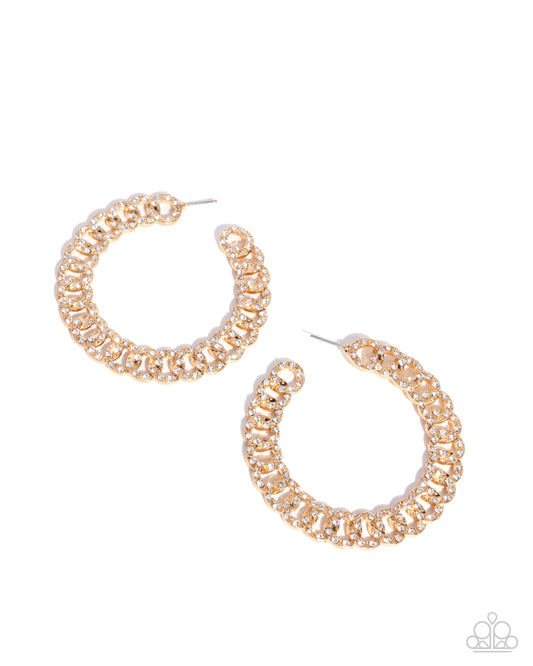Interlocked Icing - Gold & White Rhinestone 2 1/2 Inch Hoop Earring Paparazzi