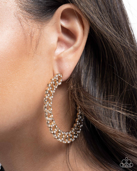 Interlocked Icing - Gold & White Rhinestone 2 1/2 Inch Hoop Earring Paparazzi