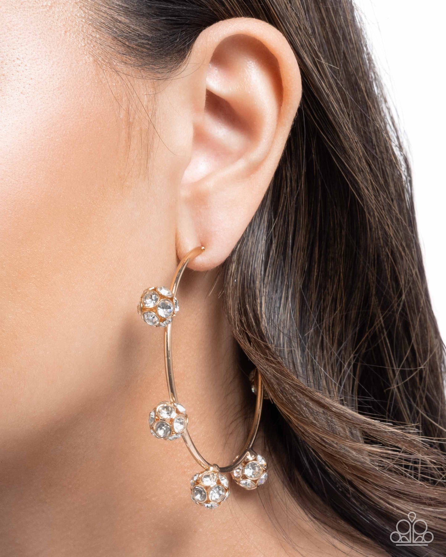 Paparazzi Ornamental Optimism - Gold & White Rhinestone Ornament Embellished 3 Inch Hoop Earring