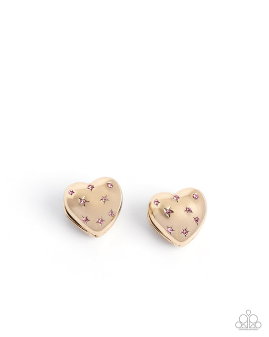 Sweetheart Stars - Pink Rhinestone Stars & Gold Heart 3/4 Inch Hoop Earring Paparazzi E3077