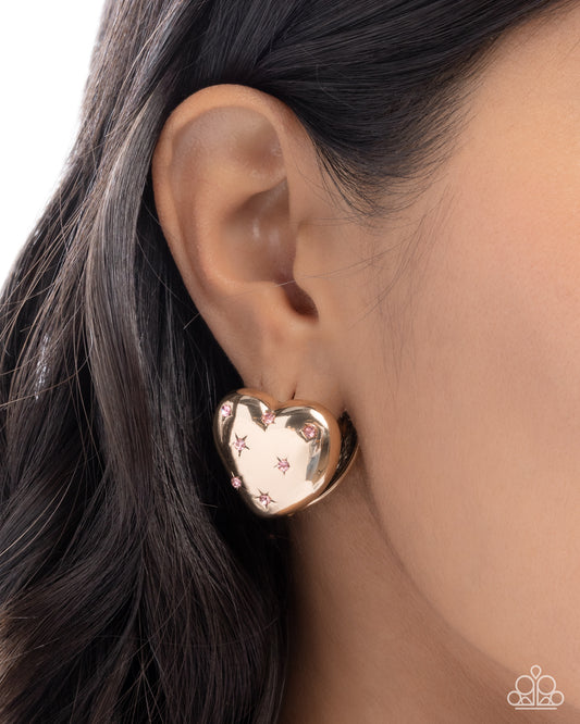 Sweetheart Stars - Pink Rhinestone Stars & Gold Heart 3/4 Inch Hoop Earring Paparazzi E3077