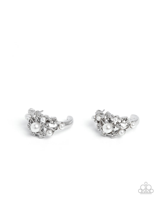 Dotted Daydream - White Pearl, Rhinestones & Silver Flower 3/4 Inch Hoop Earring Paparazzi E2911